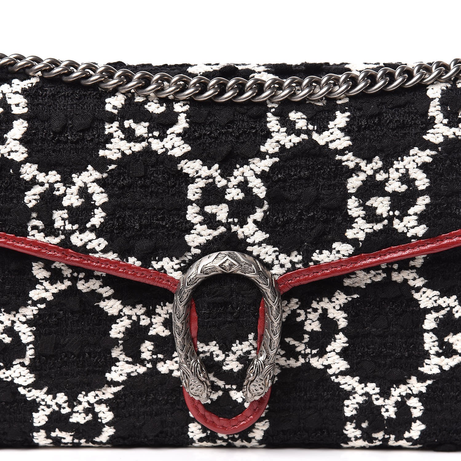 Gucci Tweed GG Monogram Mini Dionysus Chain Wallet Black White Romantic Cherry 10 of 11