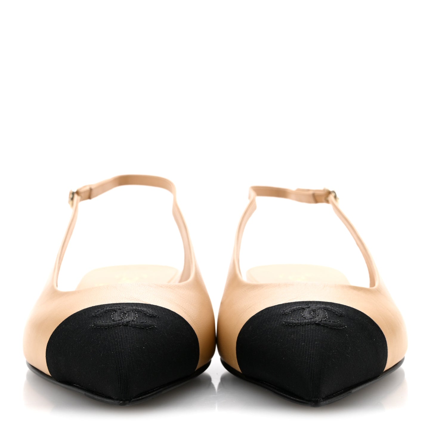 Goatskin Grosgrain Pointed Toe CC Slingback Flats 39.5 Beige Black