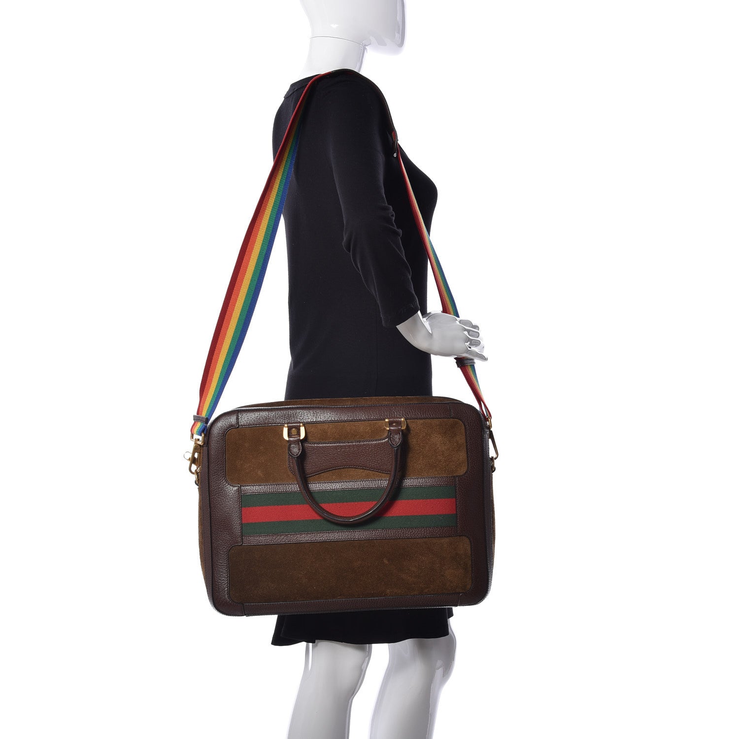 Gucci Suede Rainbow Strap Briefcase Brown 2 of 11