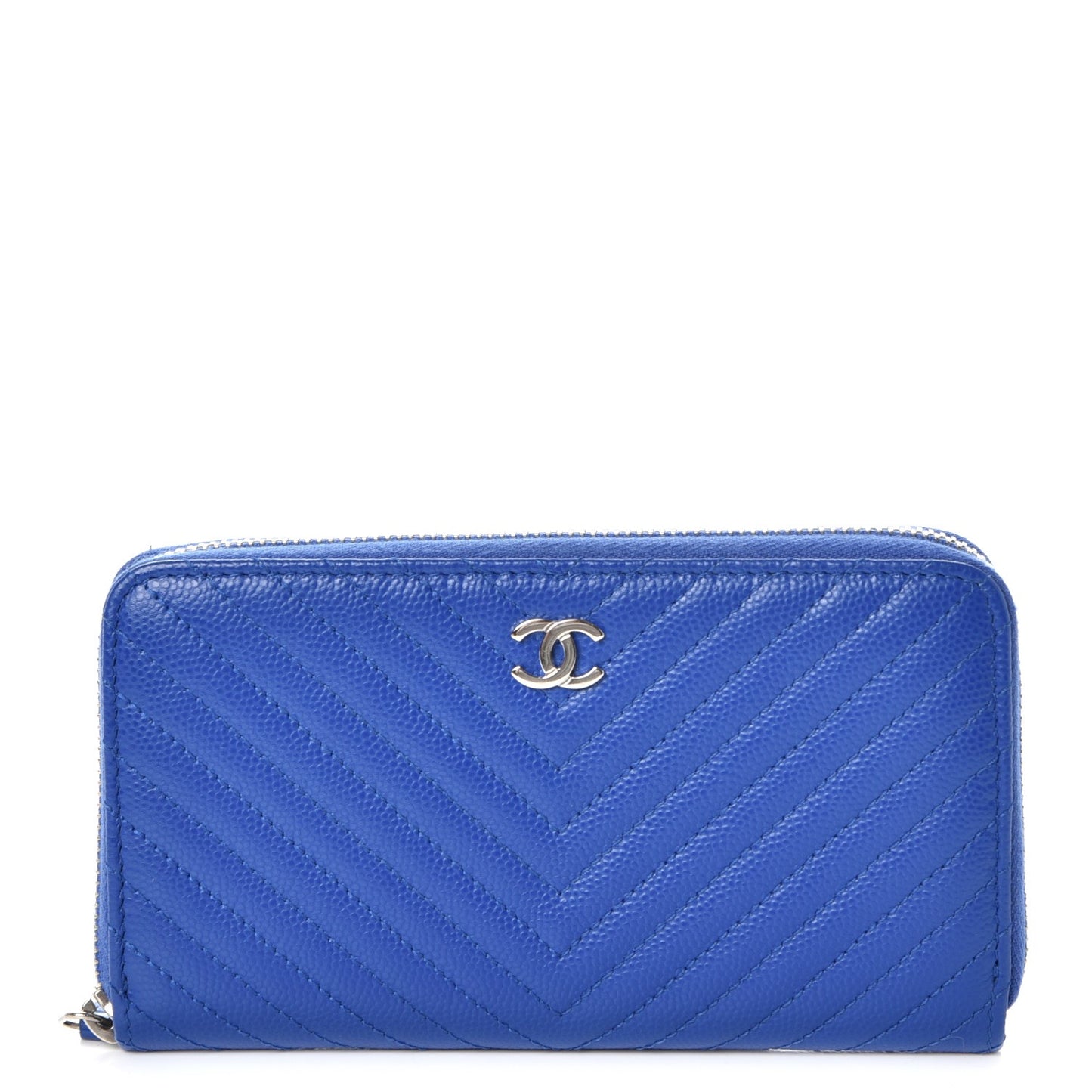 Caviar Chevron Quilted Small Zip Around Wallet Bright Blue
