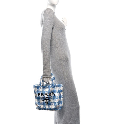 Prada Yarn Raffia Effect Crochet Embroidered Small Logo Tote Celeste 2 of 12