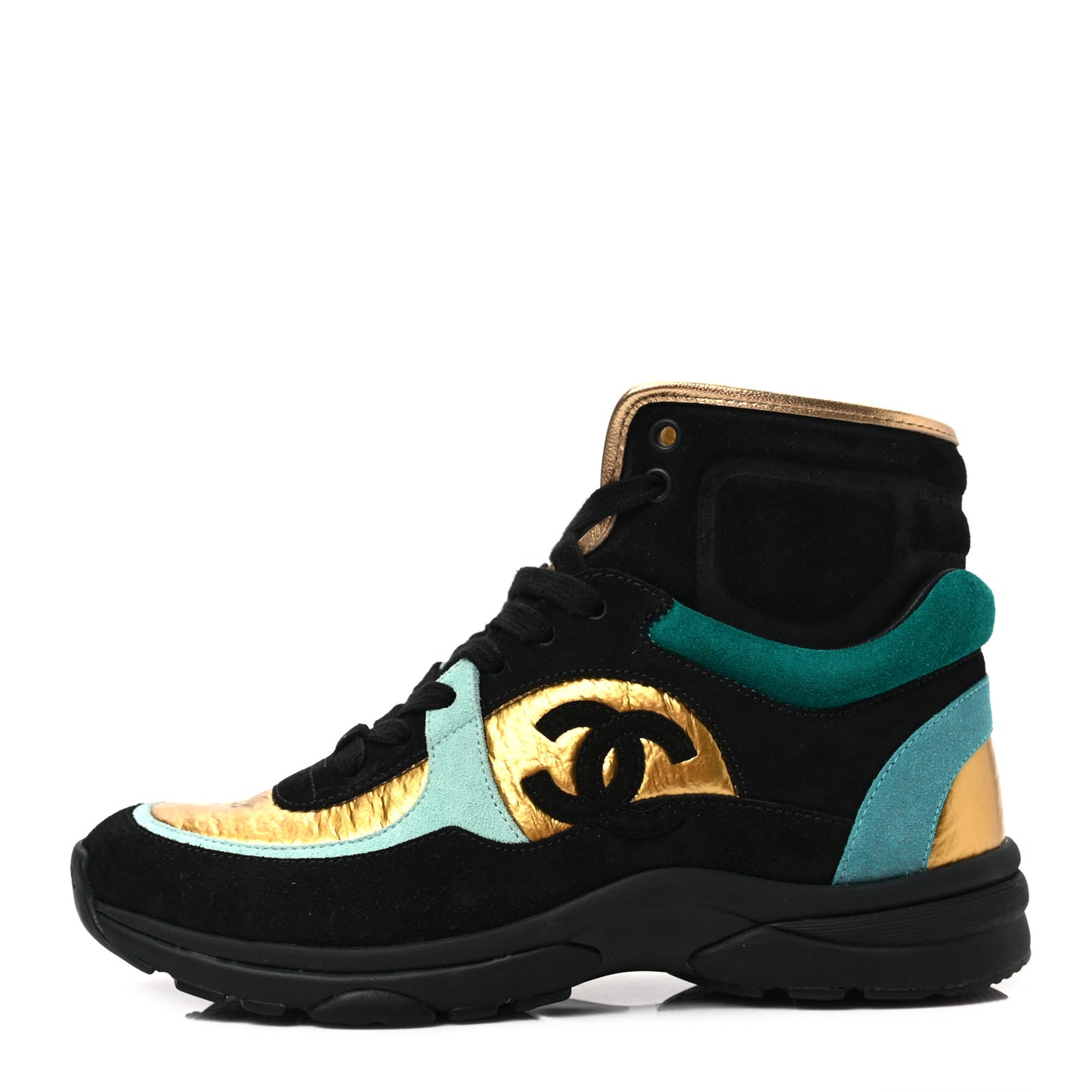 Suede Calfskin Fabric CC High Top Sneakers 37 Black Turquoise Gold