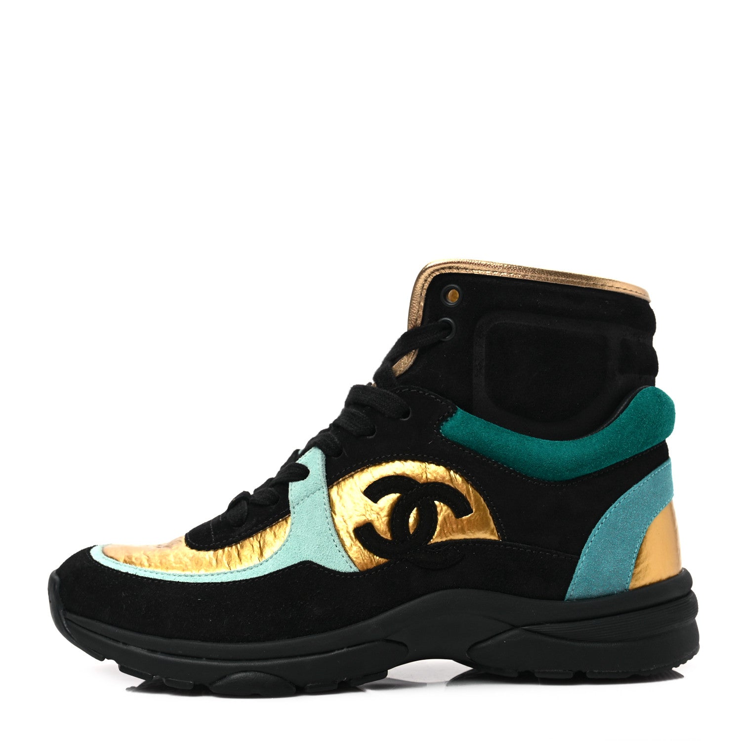 Chanel Suede Calfskin Fabric CC High Top Sneakers 37 Black Turquoise Gold 1 of 7