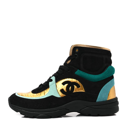 Chanel Suede Calfskin Fabric CC High Top Sneakers 37 Black Turquoise Gold 1 of 7
