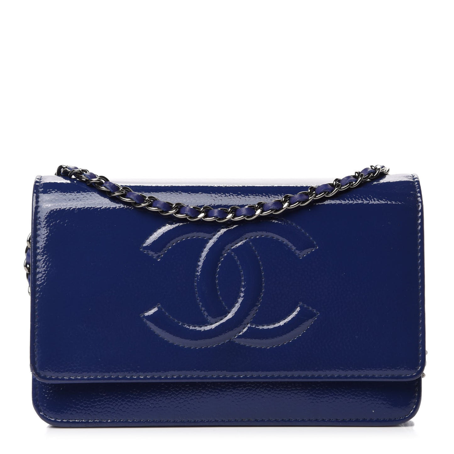 Grained Patent Calfskin Timeless Wallet On Chain WOC Blue