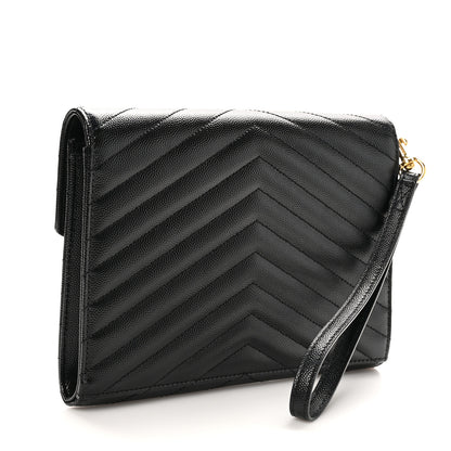 Saint Laurent Grain De Poudre Matelasse Chevron Monogram Envelope Clutch Black 2 of 10