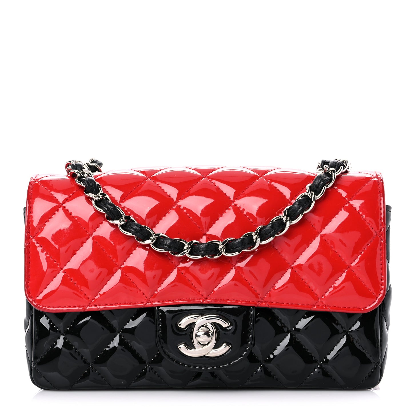 Patent Calfskin Quilted Bi-Color Mini Rectangular Flap Red Black