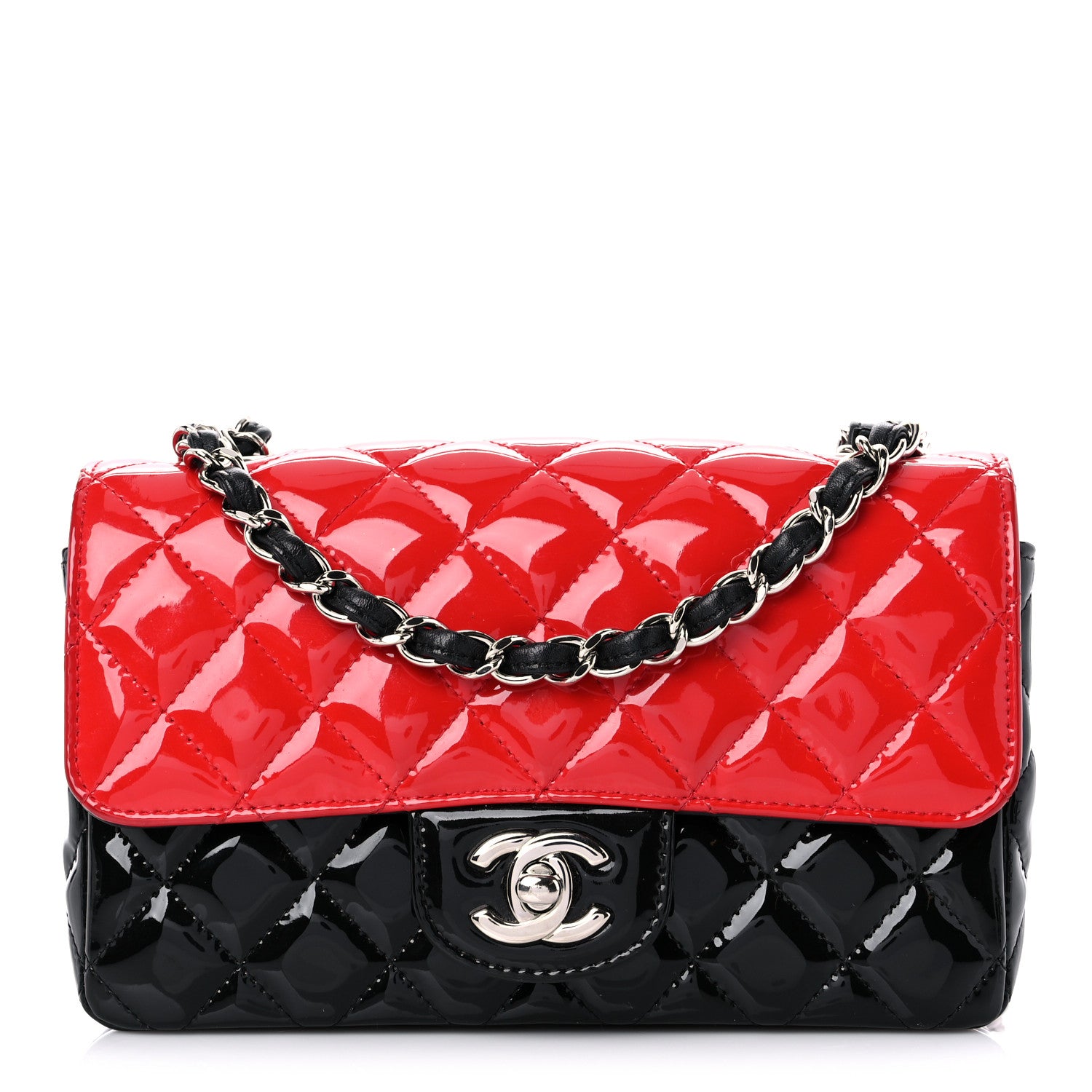 Chanel Patent Calfskin Quilted Bi-Color Mini Rectangular Flap Red Black 1 of 13