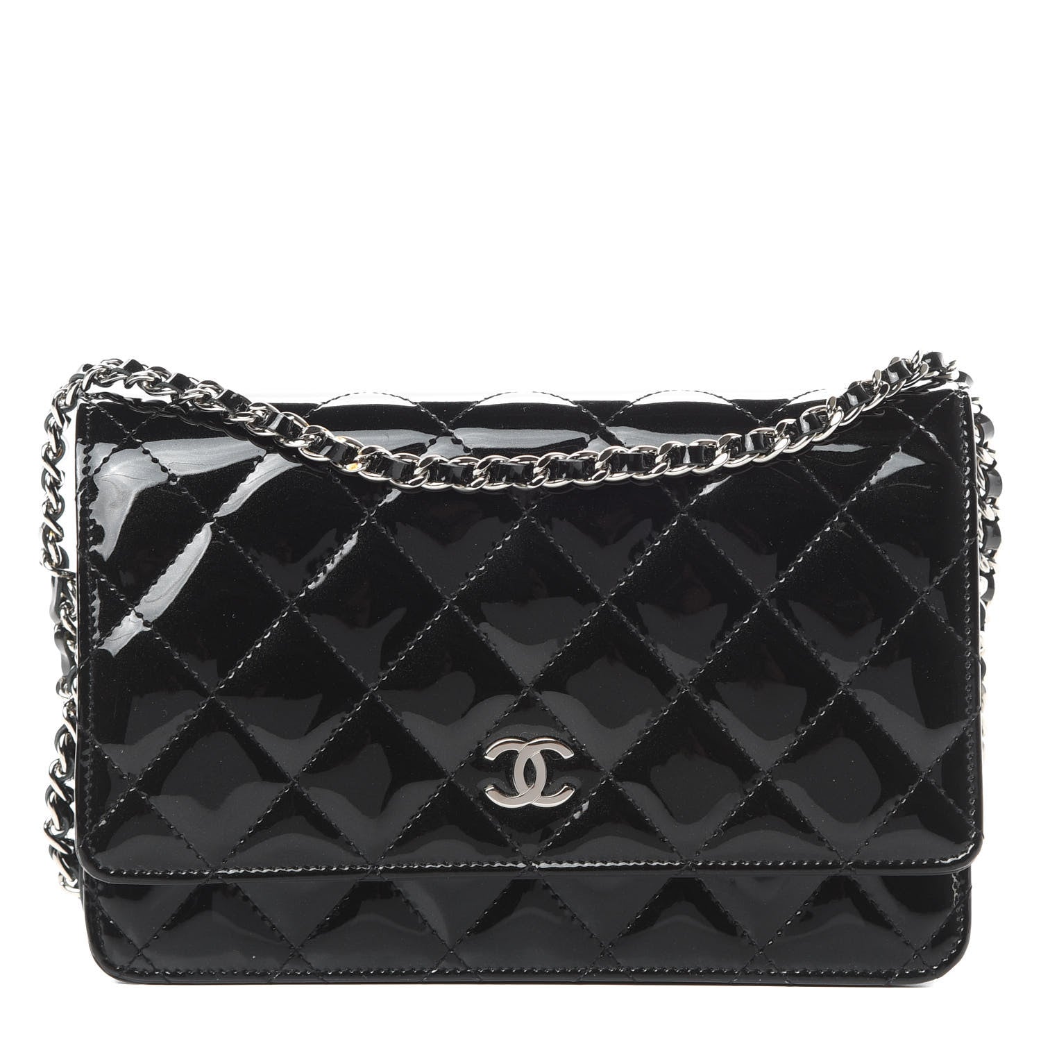 Chanel Patent Quilted Wallet On Chain WOC Black 1 of 12