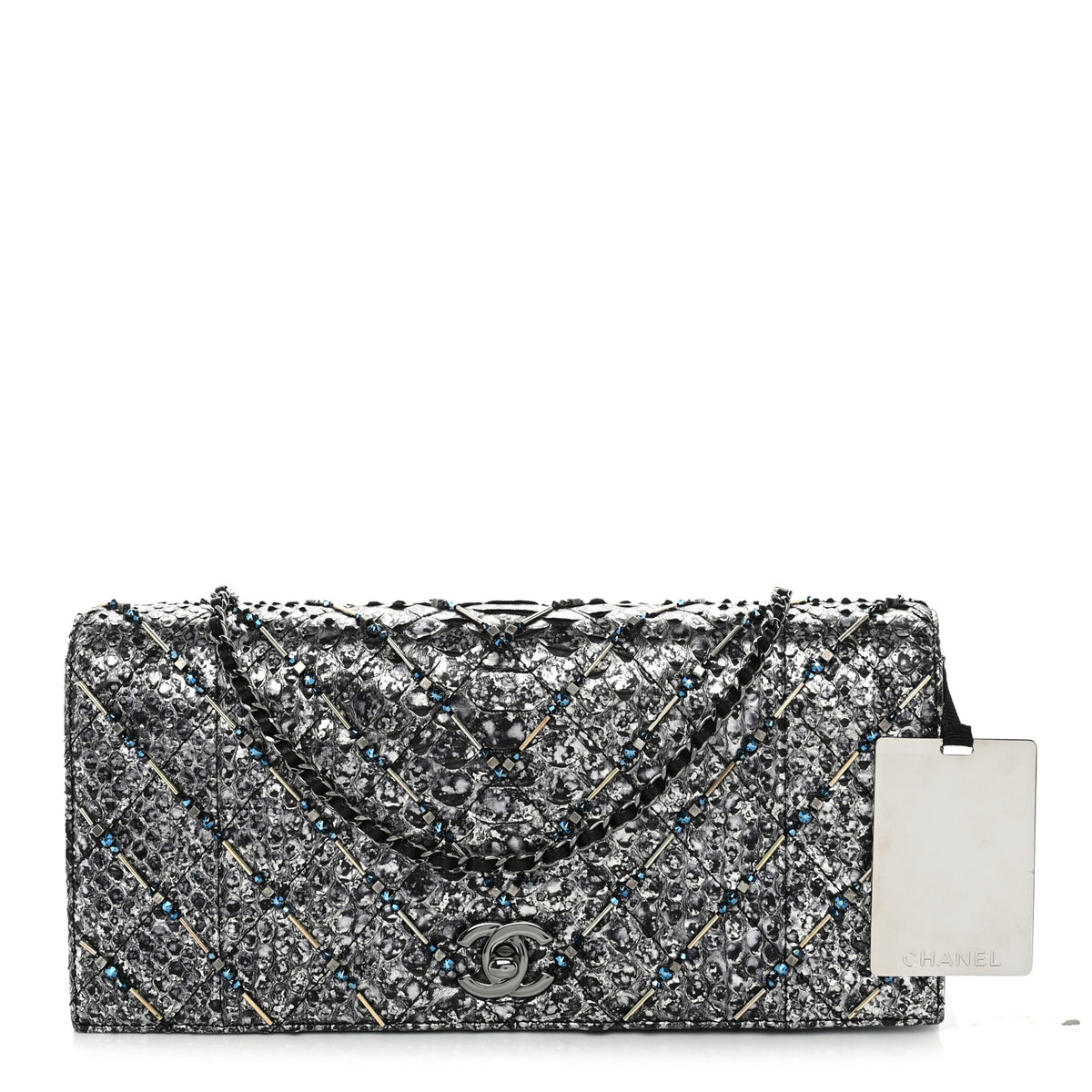 Metallic Snakeskin Quilted Beaded Chain Clutch Black Silver