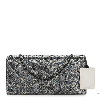 Chanel Metallic Snakeskin Quilted Beaded Chain Clutch Black Silver 4 of 23