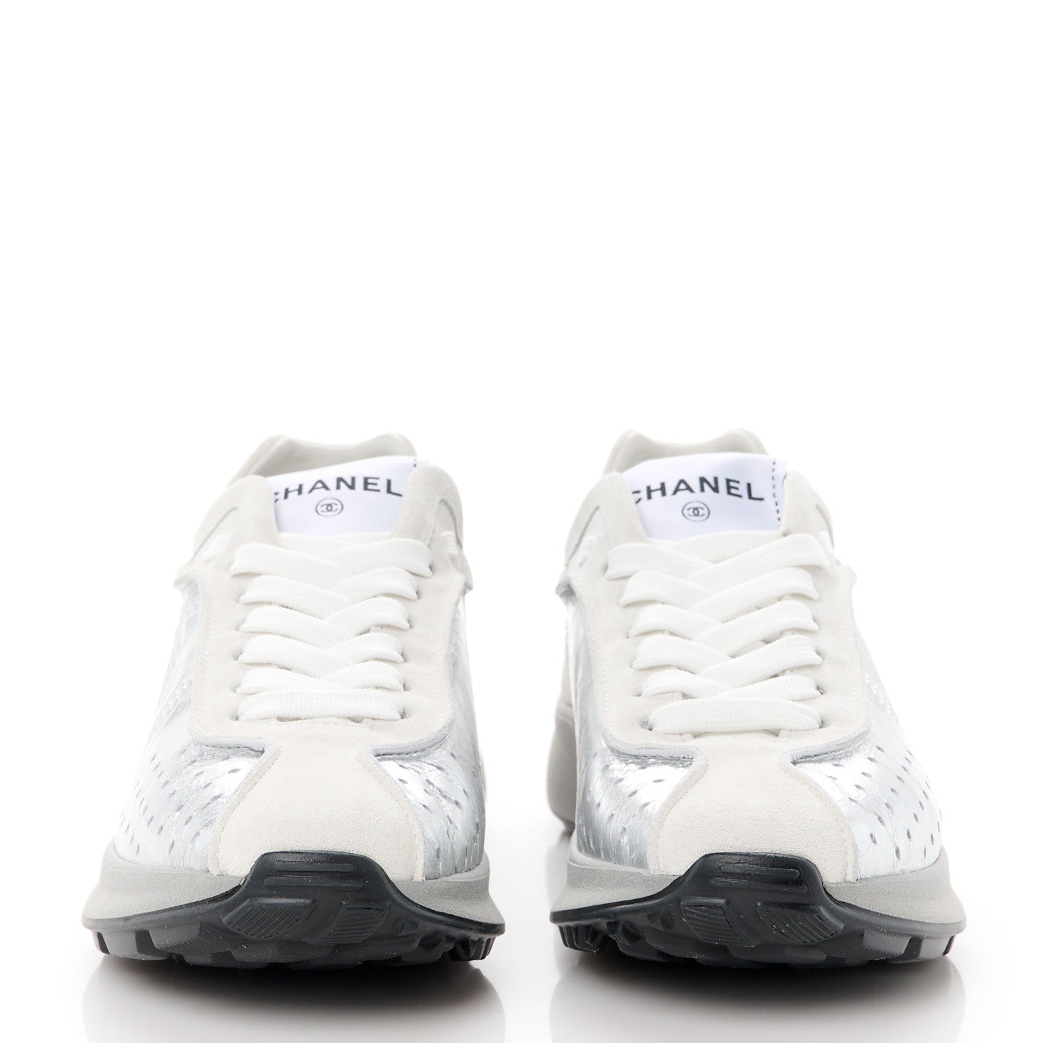 Chanel Laminated Calfskin Suede CC Sneakers 37 Silver Light Grey 2 of 9