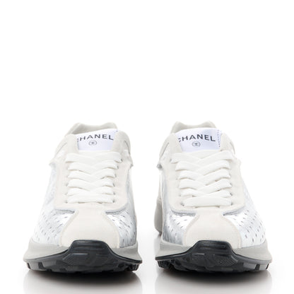 Chanel Laminated Calfskin Suede CC Sneakers 37 Silver Light Grey 2 of 9