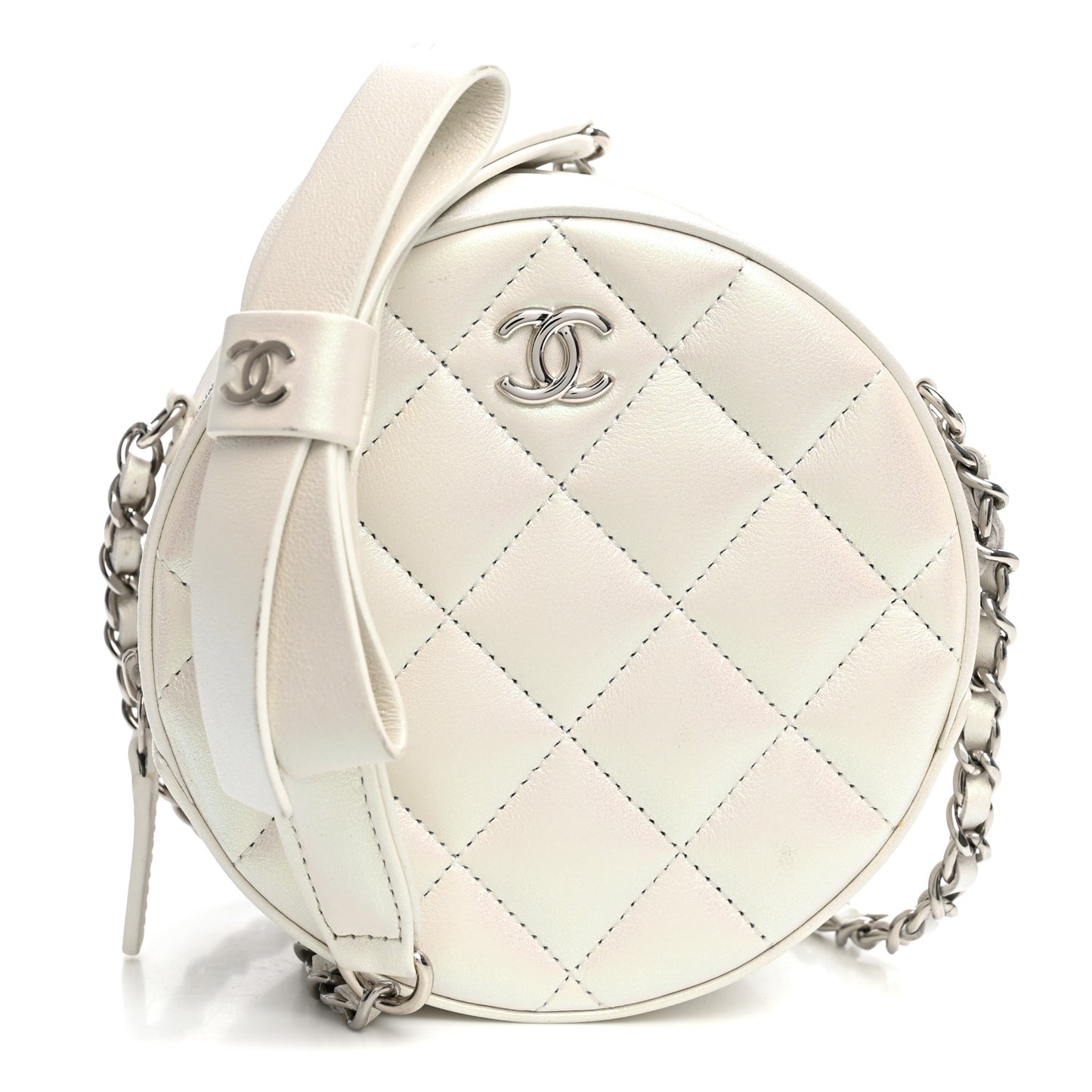 Iridescent Lambskin Quilted Coco Bow Round Clutch With Chain Ivory