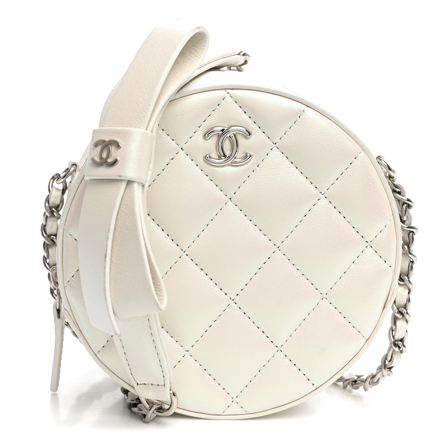 Chanel Iridescent Lambskin Quilted Coco Bow Round Clutch With Chain Ivory 1 of 10