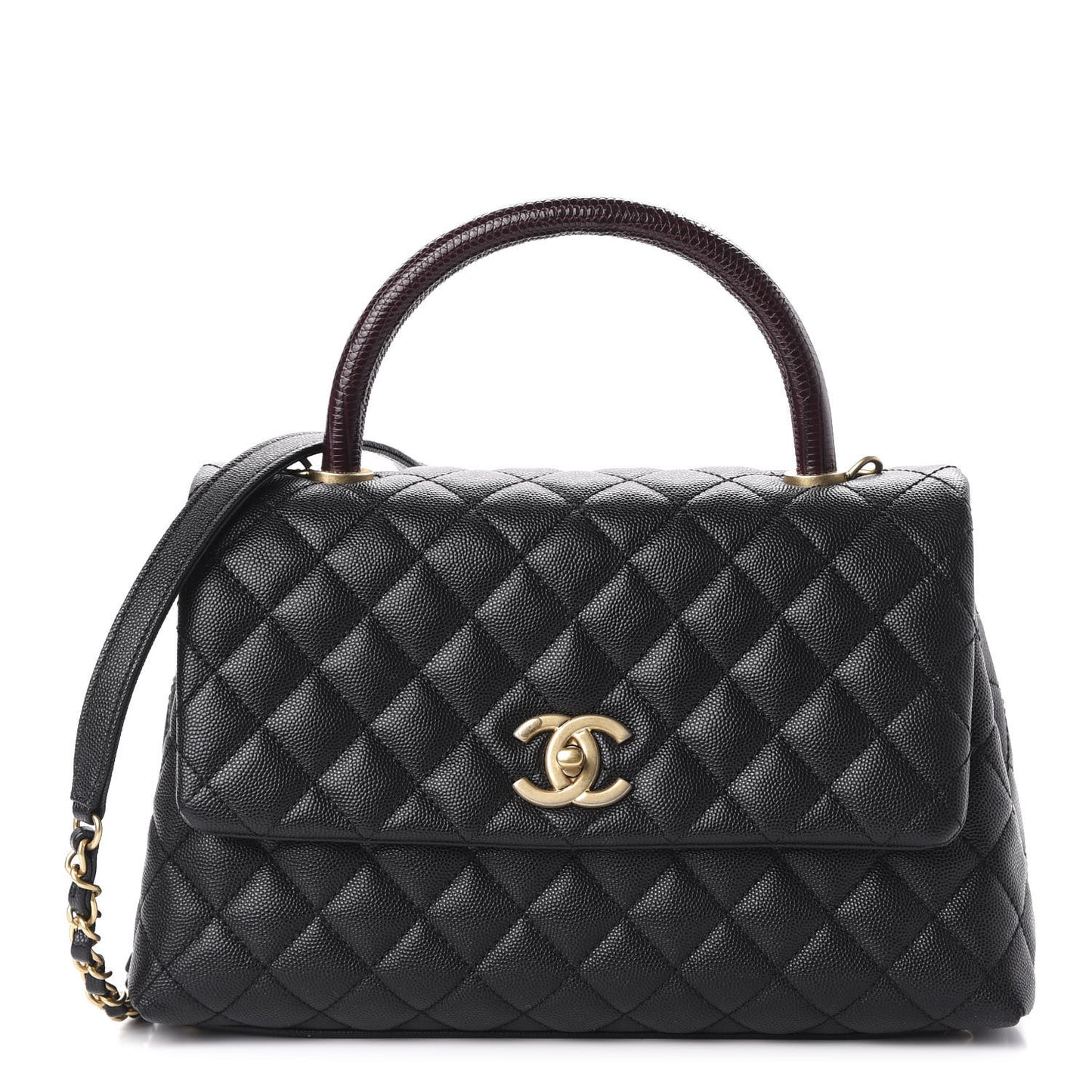 Caviar Lizard Embossed Quilted Small Coco Handle Flap Black