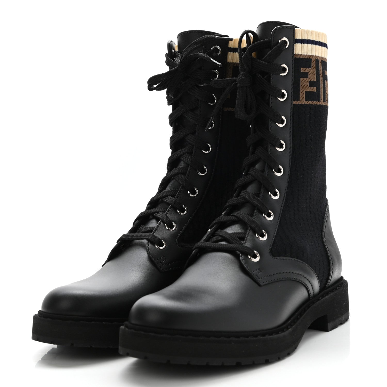 Fendi Calfskin Stretch Fabric Rockoko Biker Boots 37 Tobacco Black Marino 3 of 7