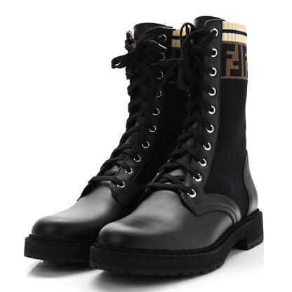 Fendi Calfskin Stretch Fabric Rockoko Biker Boots 37 Tobacco Black Marino 3 of 7
