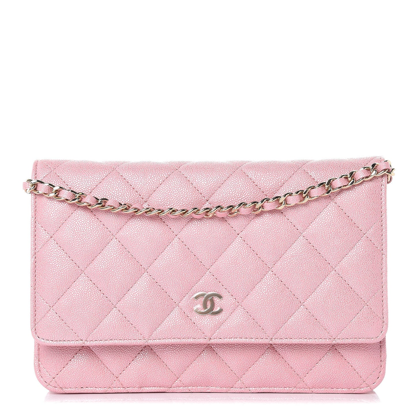 Iridescent Caviar Quilted Wallet on Chain WOC Rose Pink