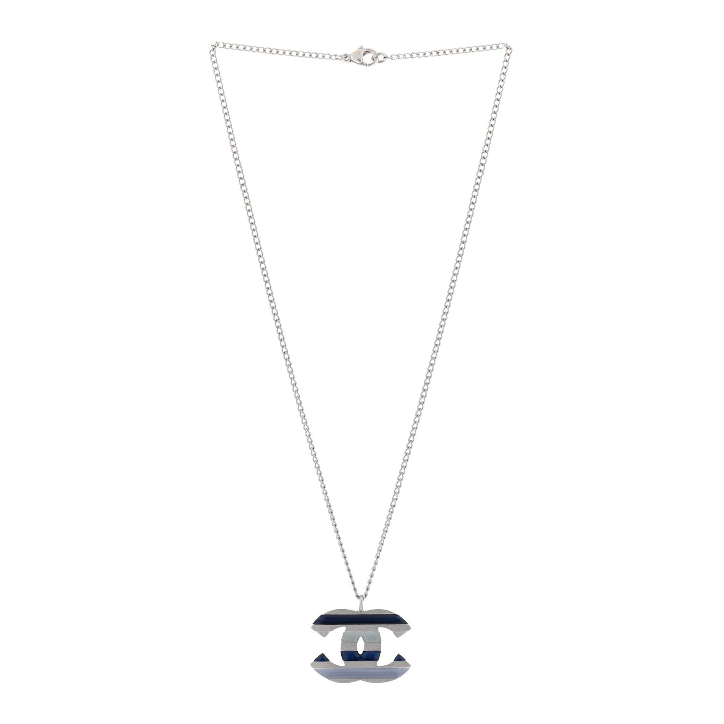 Enamel Striped CC Necklace Blue Silver