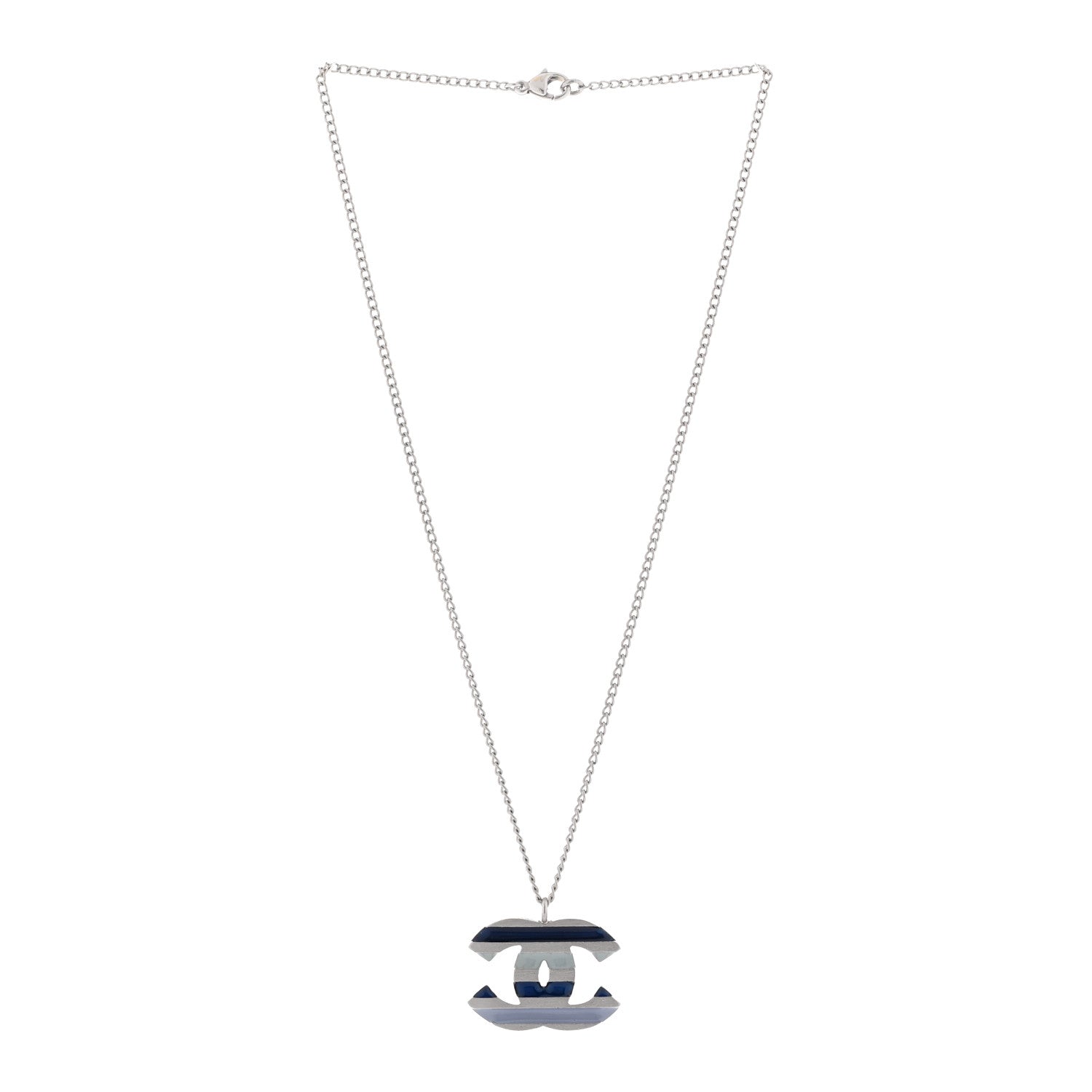 Chanel Enamel Striped CC Necklace Blue Silver 3 of 6