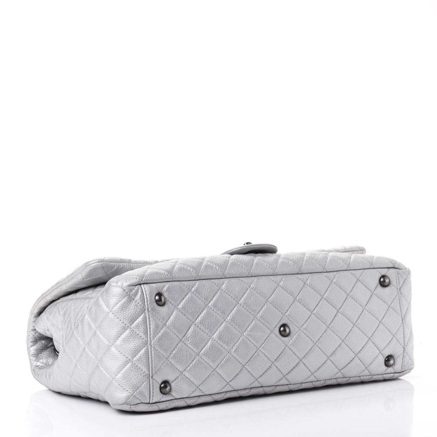 Metallic Calfskin Quilted XXL Travel Flap Bag Silver