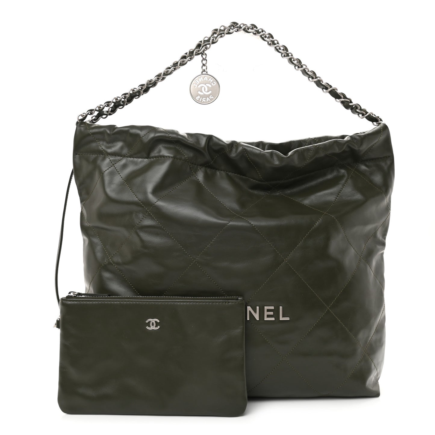 Shiny Calfskin Quilted Chanel 22 Khaki