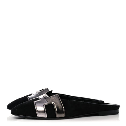 Hermes Suede Goatskin Metallic Nappa Roxane Mules 37.5 Black Canon De Fusil Argent 3 of 9