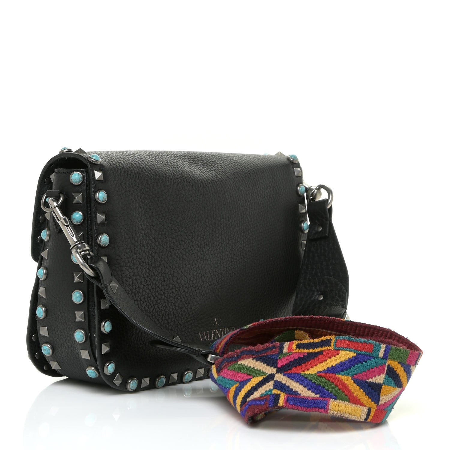 Valentino Garavani Pebbled Calfskin Turquoise Medium Guitar Strap Rockstud Rolling Flap Saddle Bag Black 3 of 11