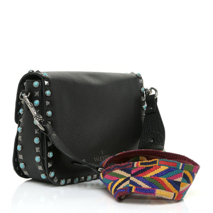 Valentino Garavani Pebbled Calfskin Turquoise Medium Guitar Strap Rockstud Rolling Flap Saddle Bag Black 3 of 11