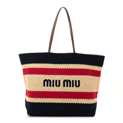 Miu Miu Raffia Crochet Stripe Tote Natural Blue 1 of 9