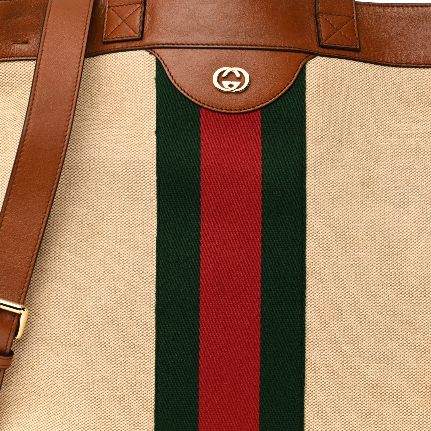 Gucci Vintage Canvas Calfskin Web Flat Tote Sand Light Cuir 8 of 10
