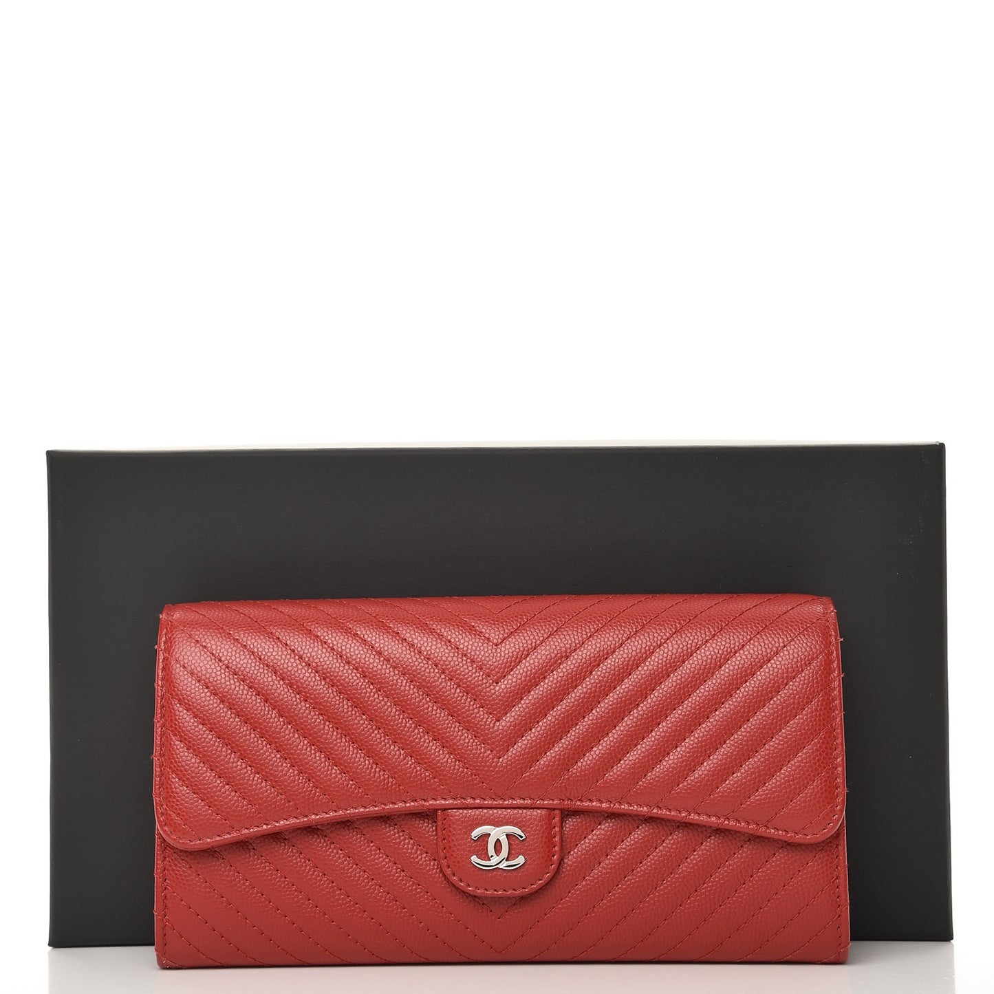 Caviar Chevron Quilted Large Flap Wallet Dark Red