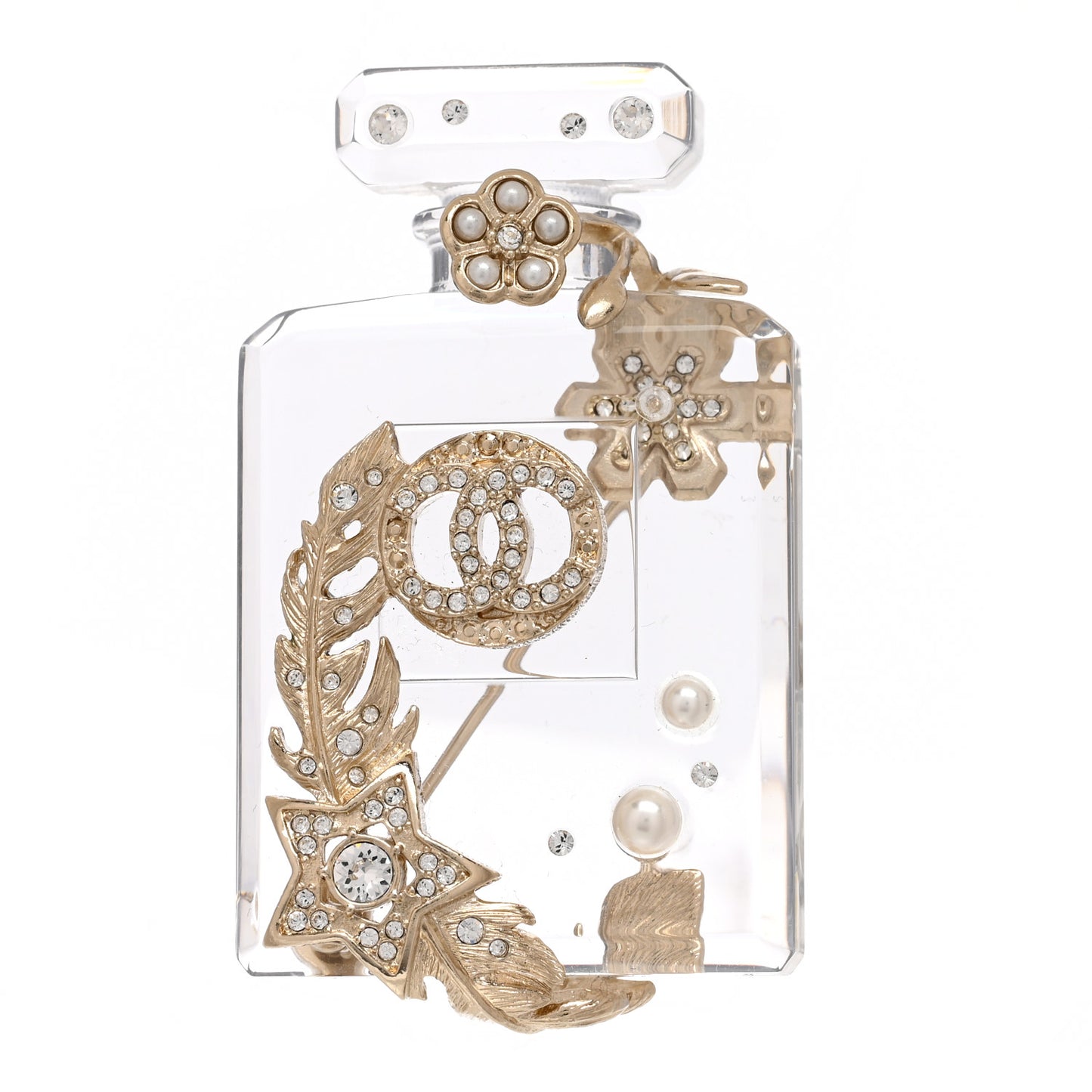 Pearl Resin Crystal CC No 5 Perfume Bottle Brooch Gold