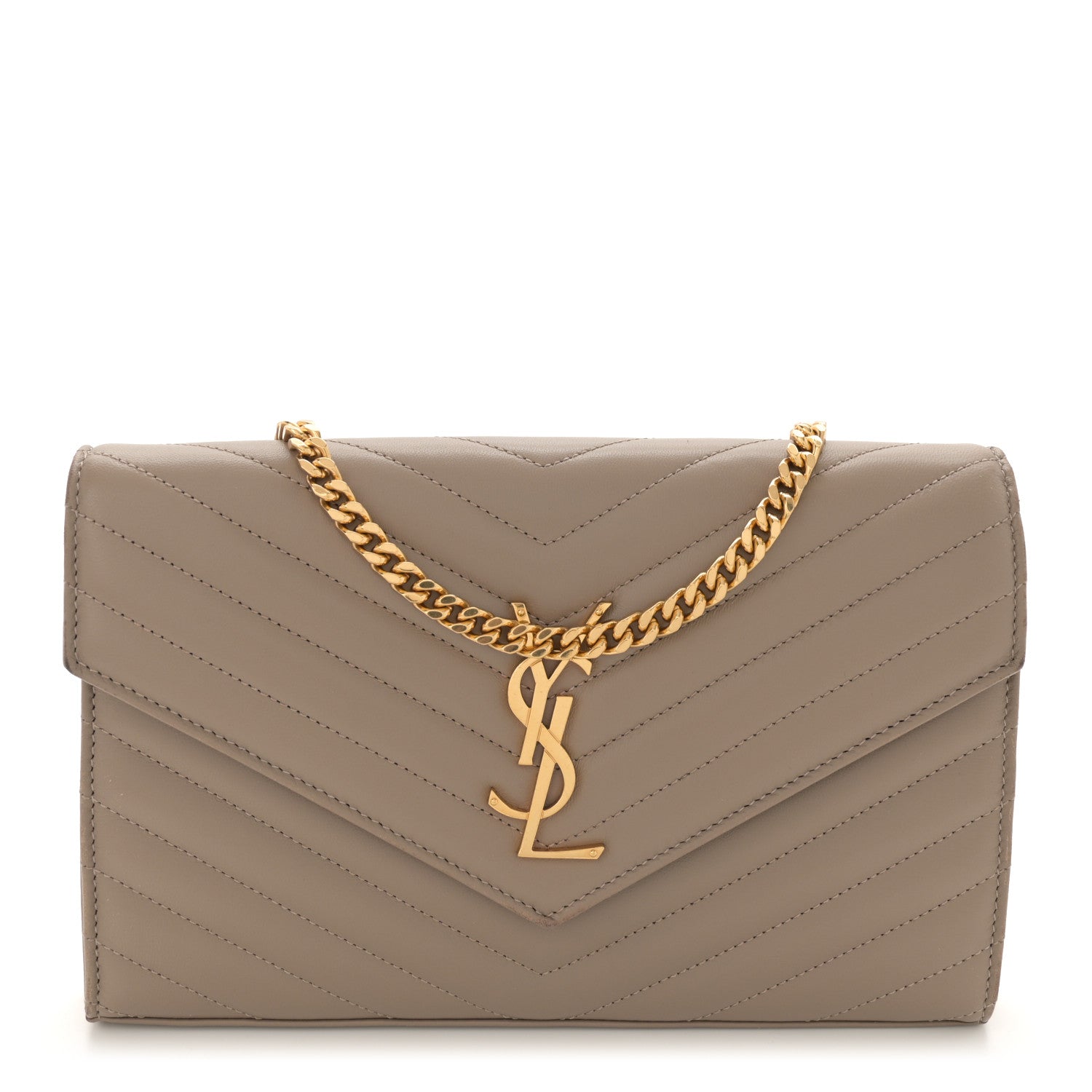 Saint Laurent Lambskin Matelasse Chevron Monogram Chain Wallet Dusty Grey 1 of 13