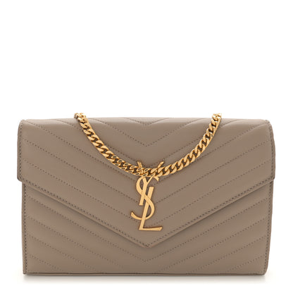Saint Laurent Lambskin Matelasse Chevron Monogram Chain Wallet Dusty Grey 1 of 13