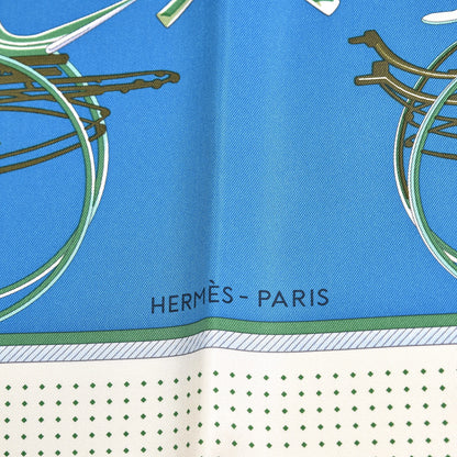 Hermes Silk Les Voitures A Transformation Scarf 90 Bleu Cobalt Ivorie Vert 6 of 7