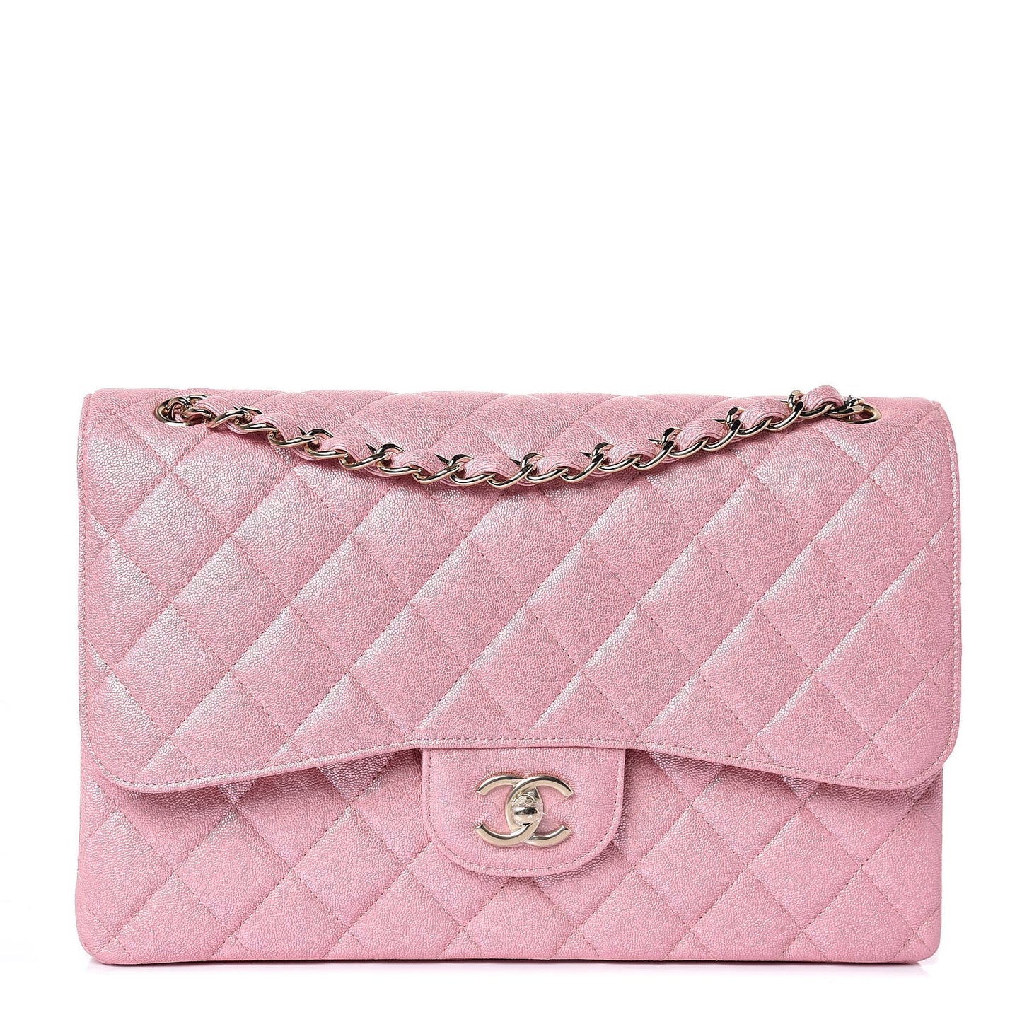 Iridescent Caviar Quilted Jumbo Double Flap Rose Pink