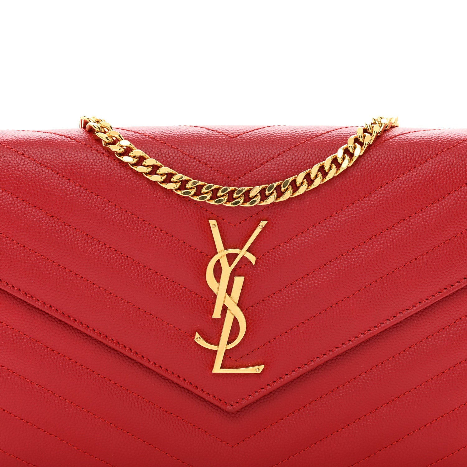 Saint Laurent Grain De Poudre Matelasse Chevron Cassandre Chain Wallet New Red 5 of 10