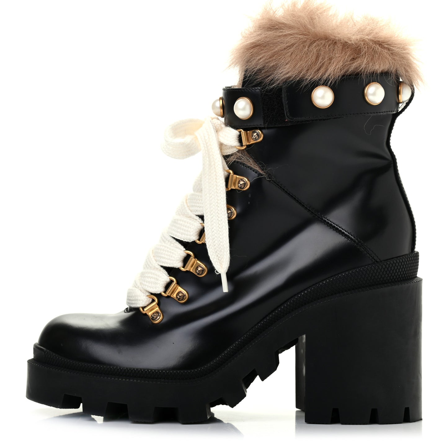 Magnum Calfskin Fur Pearl Lace Up Combat Ankle Boots 39 Black Naturale