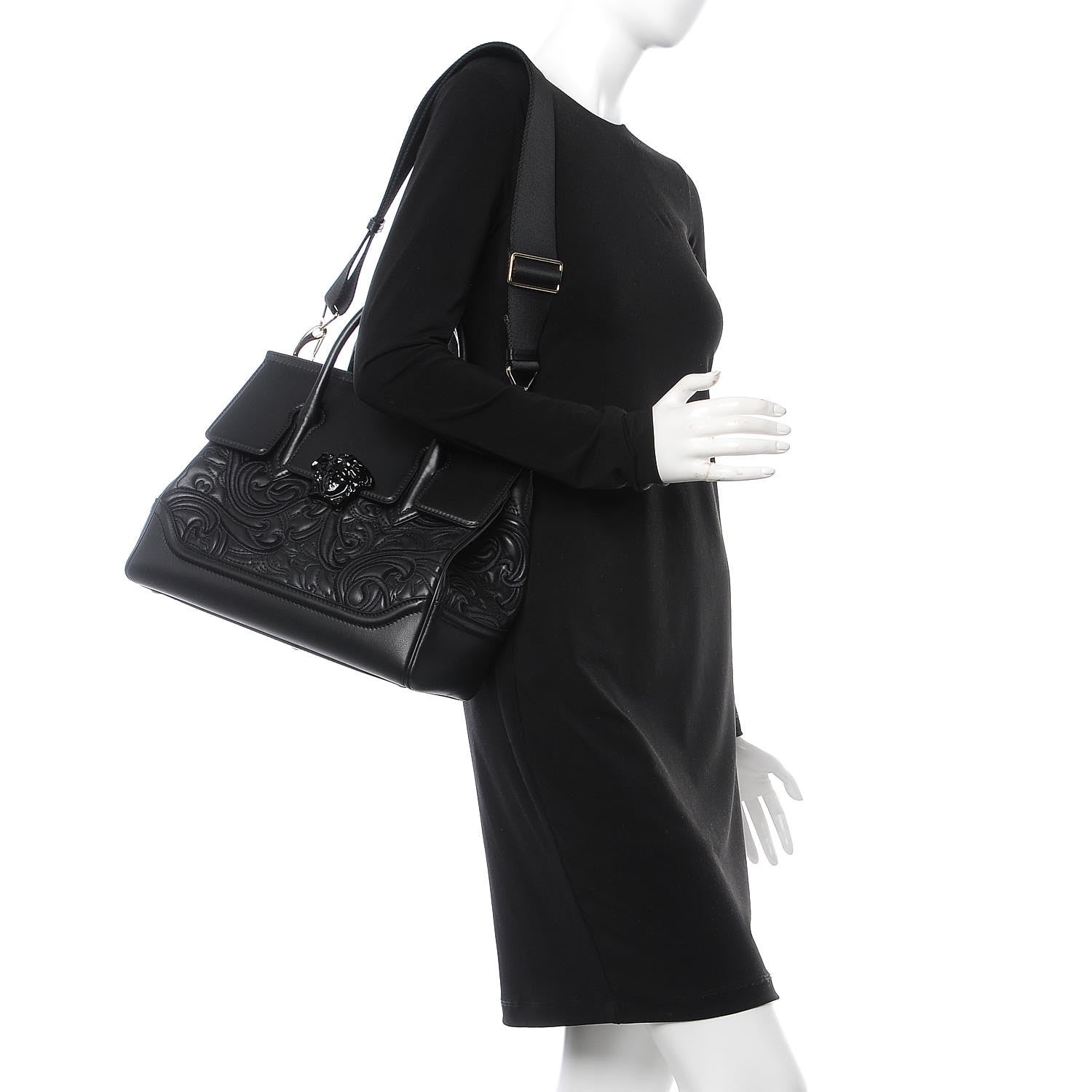 Versace Calfskin Embroidered Large Baroque Palazzo Empire Bag Black 3 of 9