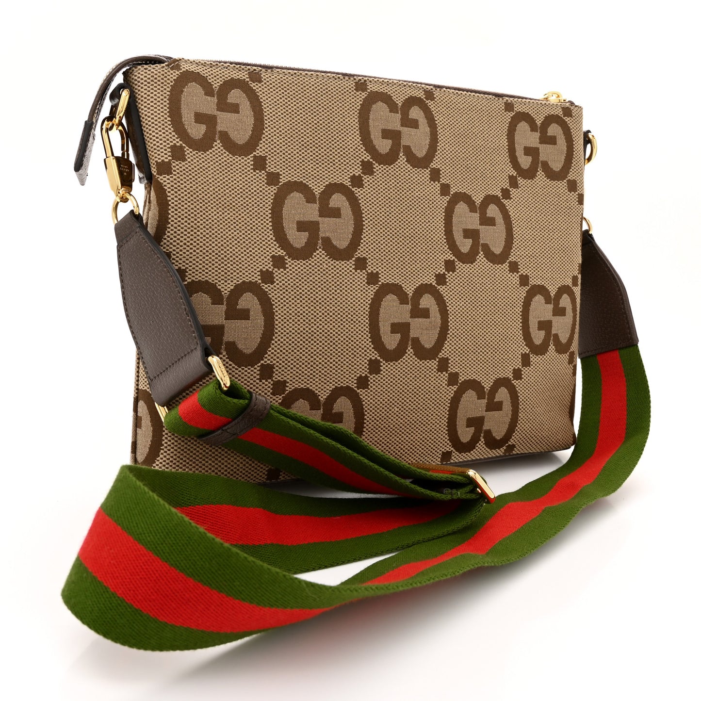 Monogram Jumbo GG Textured Dollar Calfskin Web Wristlet Messenger Bag Camel Ebony New Acero