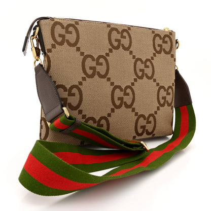 Gucci Monogram Jumbo GG Textured Dollar Calfskin Web Wristlet Messenger Bag Camel Ebony New Acero 3 of 11
