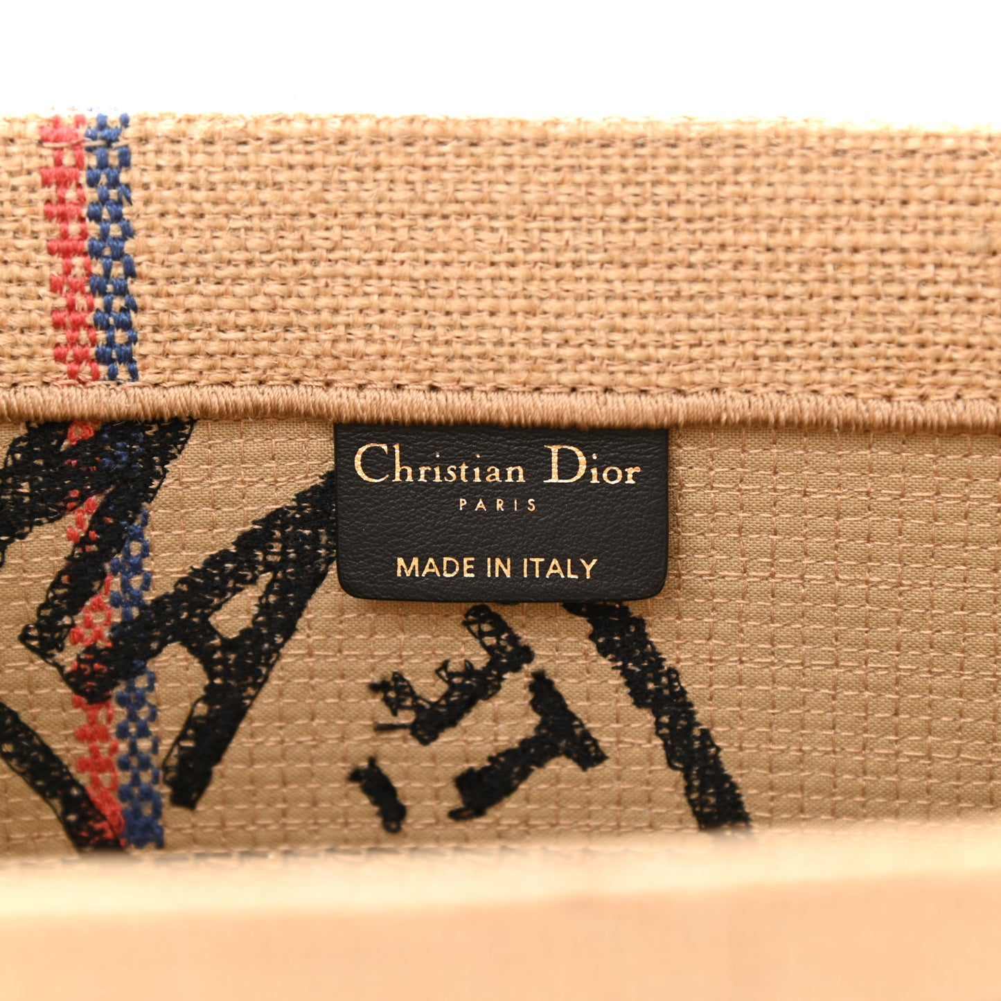 Canvas Jute Embroidered Medium Book Tote Black Beige