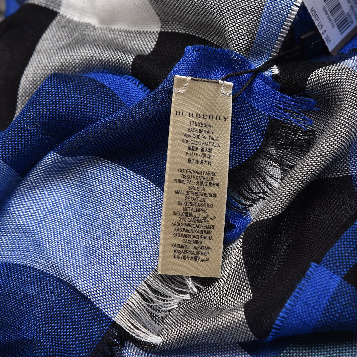 Silk Cashmere Half Mega Check Scarf Cobalt Blue