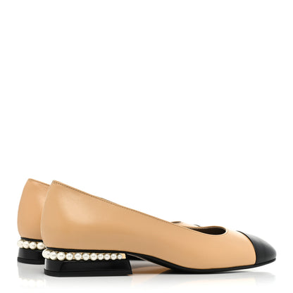 Chanel Lambskin Pearl Cap Toe CC Flats 36 Beige Black 5 of 12