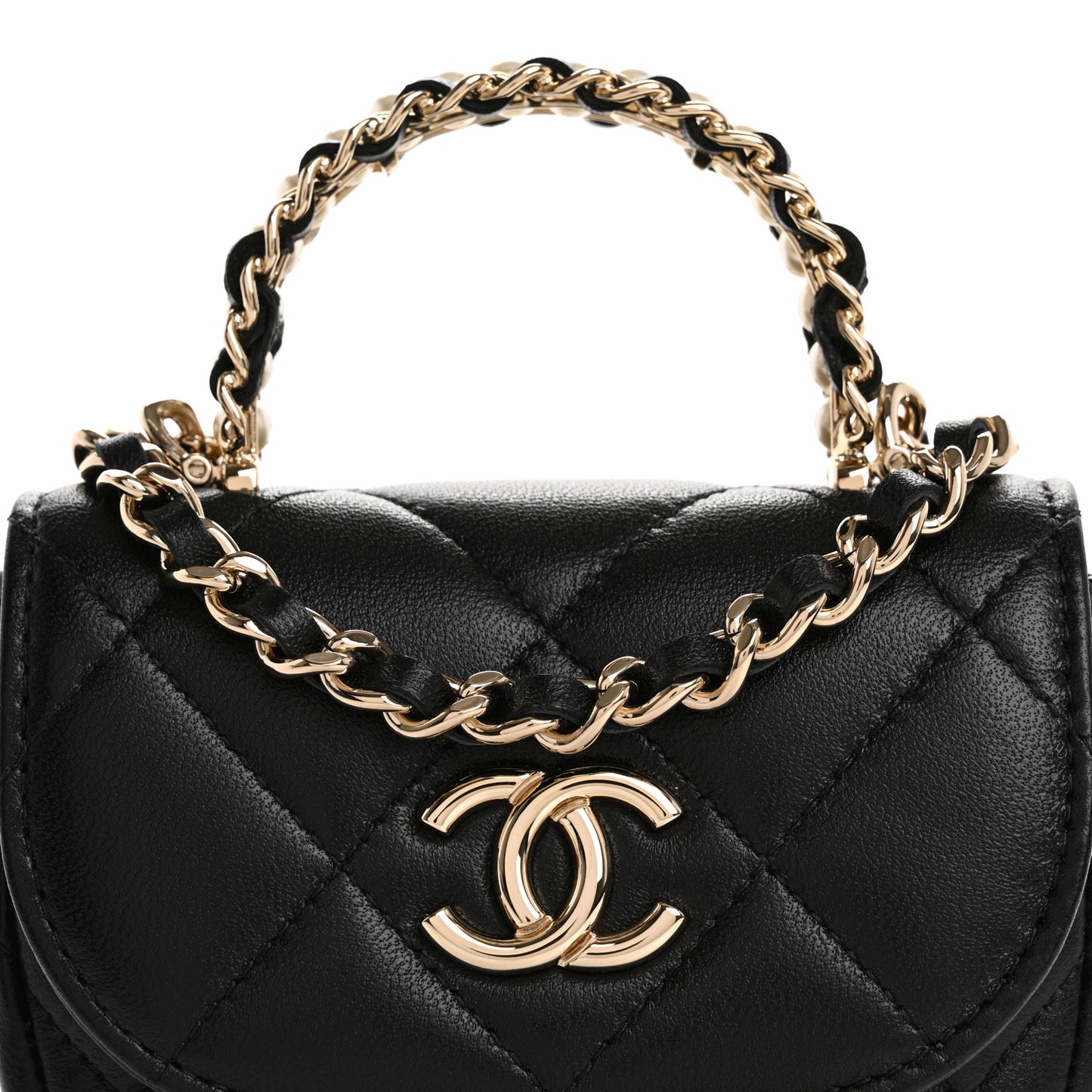 Lambskin Quilted Pearl Top Handle Clutch With Chain Black
