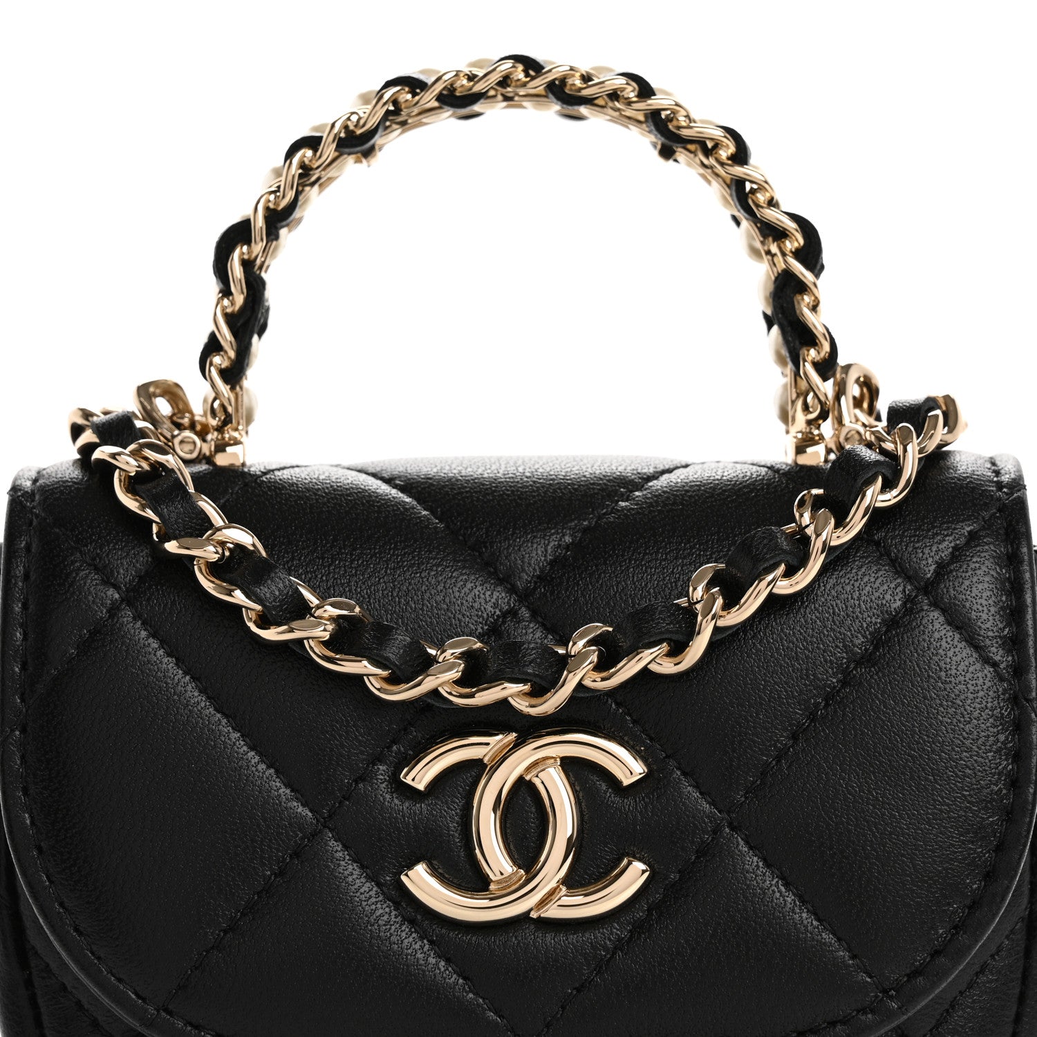 Chanel Lambskin Quilted Pearl Top Handle Clutch With Chain Black 10 of 15