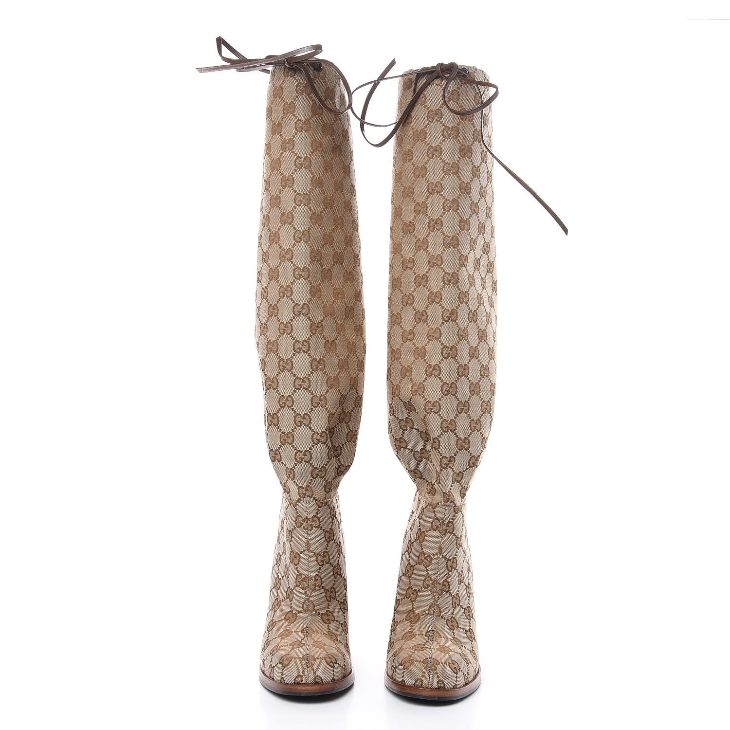 Gucci Monogram Lisa Mid Heel Boots 37.5 Beige Ebony 2 of 8