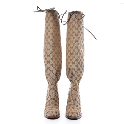 Gucci Monogram Lisa Mid Heel Boots 37.5 Beige Ebony 2 of 8